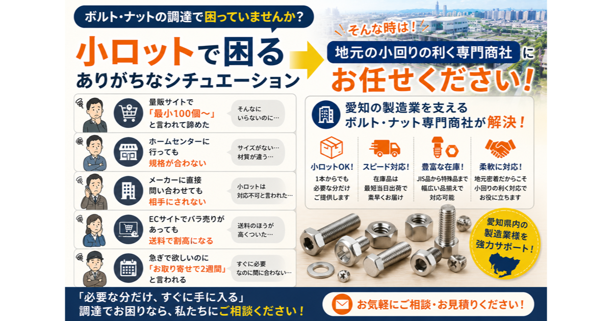 愛知県でボルトを1個から買いたい：小ロット対応の専門商社の選び方のサムネイル