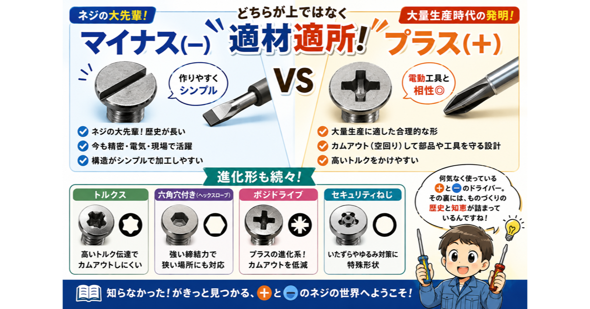プラスネジとマイナスネジ、なぜ2種類あるの？｜ドライバーとネジの面白い関係のサムネイル