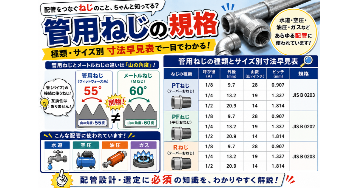 管用ねじ（G・R）規格・寸法早見表｜外径・山数・ピッチ一覧【PF・PT・Rc・Rp】のサムネイル