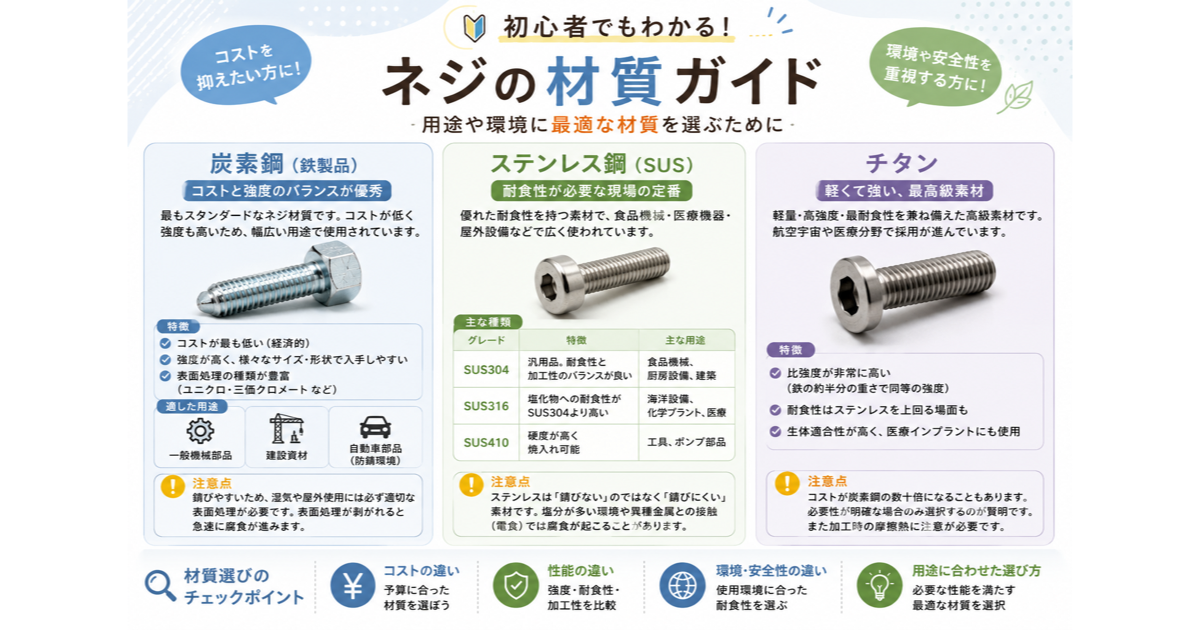 ネジの材質・素材の選び方完全ガイド｜炭素鋼・SUS304・SUS316・チタン・樹脂を初心者向けに徹底比較のサムネイル
