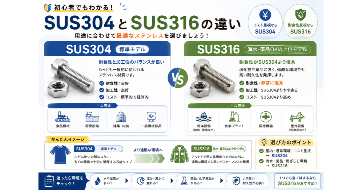 SUS304とSUS316の違い完全ガイド｜成分・耐食性・コスト・選び方を初心者向けに解説のサムネイル