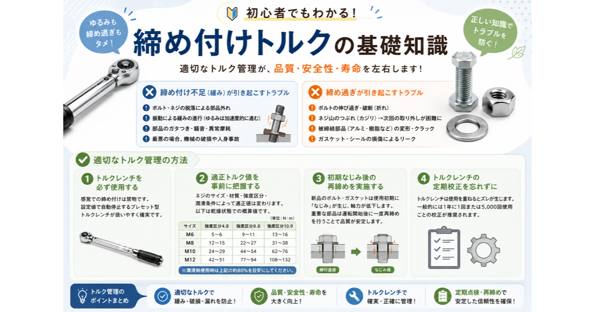 ボルトの締め付けトルク完全ガイド｜M3〜M24早見表・計算式・正しい管理方法を初心者向けに解説のサムネイル